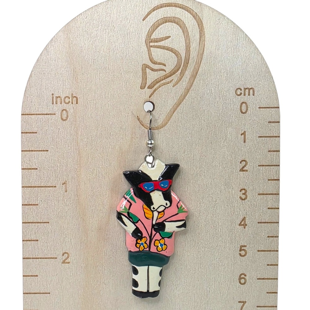 Vintage Artisan Handmade Wooden Cow Hawaiian Shirt Sunglasses Dangle Earrings